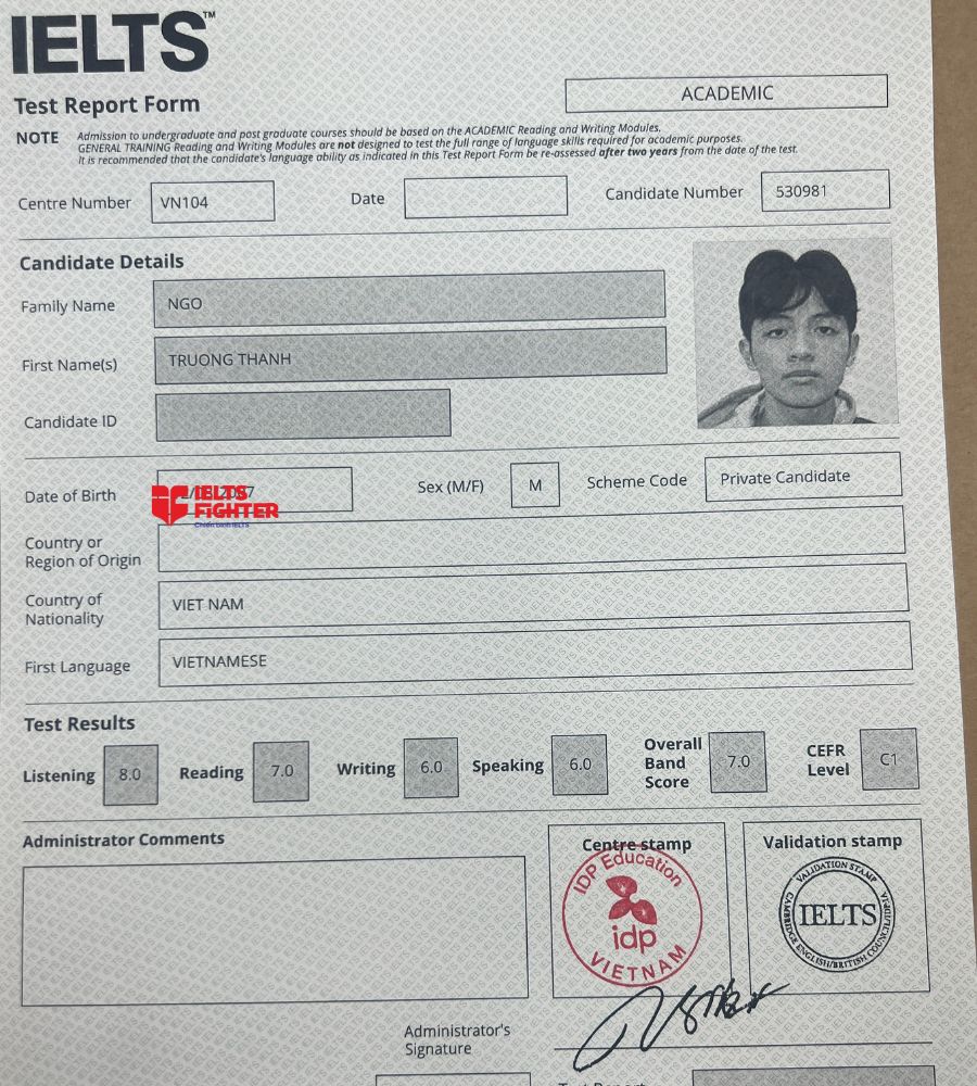 Chứng chỉ Ng&ocirc; Trường Th&agrave;nh  7.0 IELTS