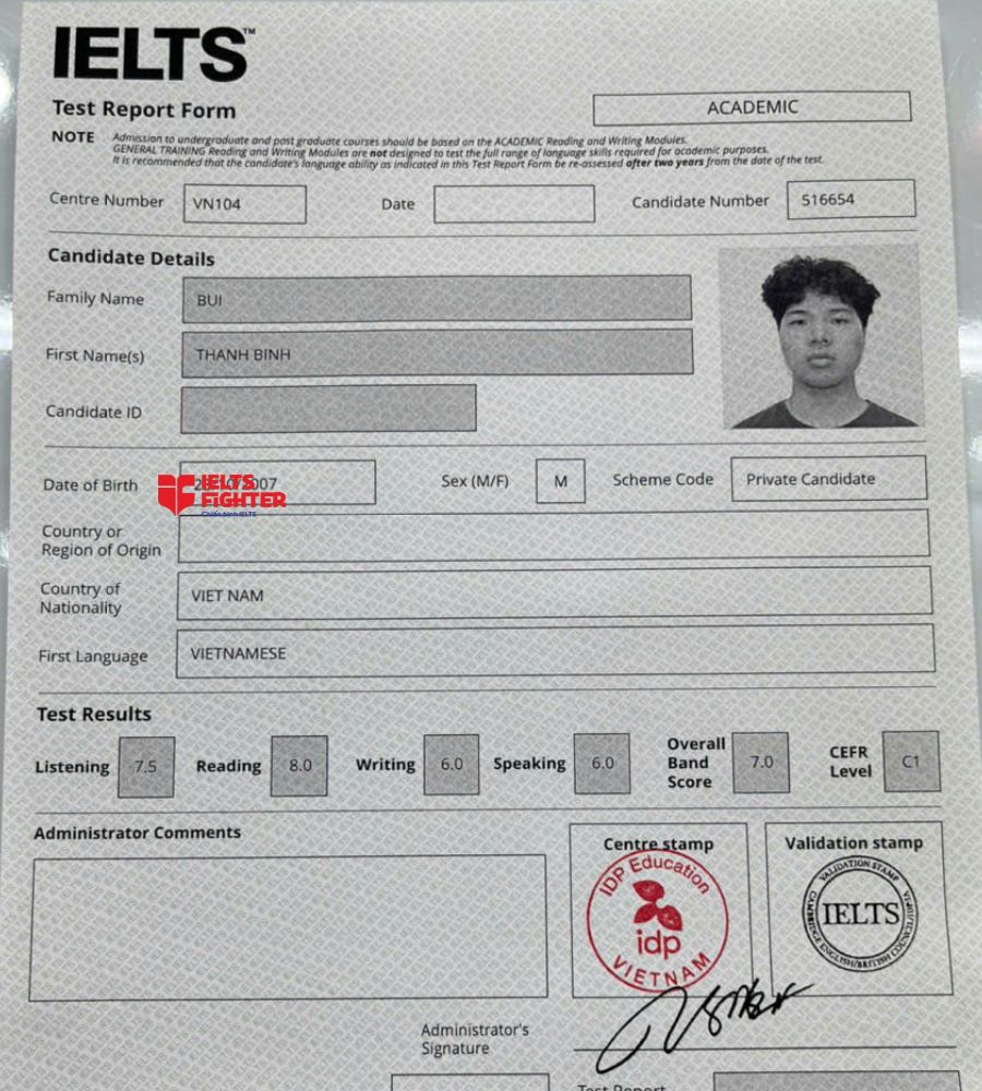 Chứng chỉ B&ugrave;i Thanh B&igrave;nh 7.0 IELTS