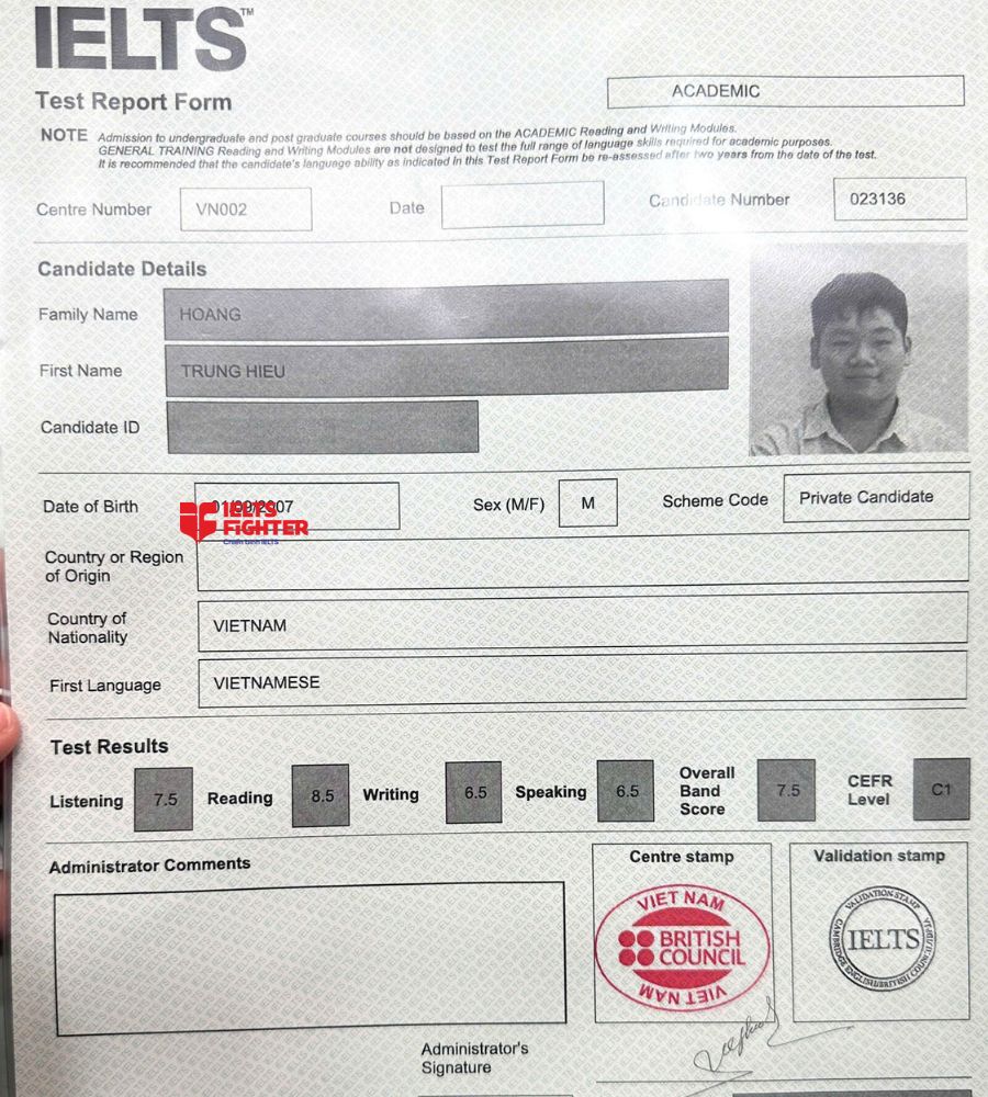 Chứng chỉ Ho&agrave;ng Trung Hiếu  7.5 IELTS