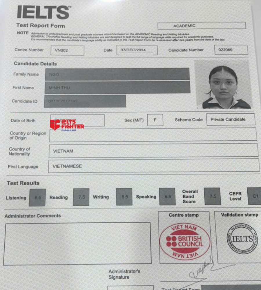 Chứng chỉ Ng&ocirc; Minh Thu: 7.5 IELTS