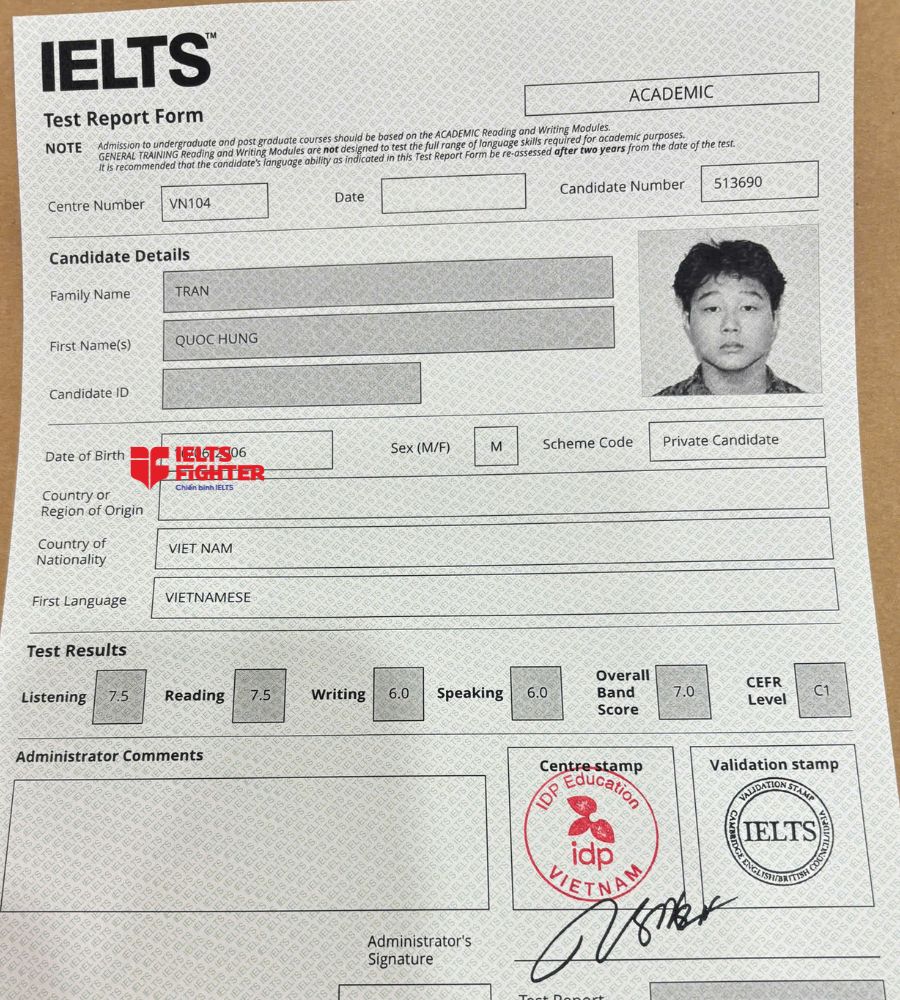 Chứng chỉ Trần Quốc Hưng 7.5 IELTS