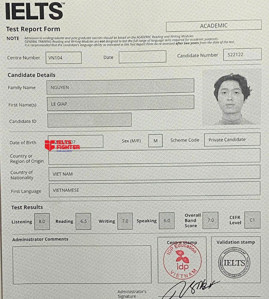 Chứng chỉ Nguyễn Lê Giáp 7.0 IELTS