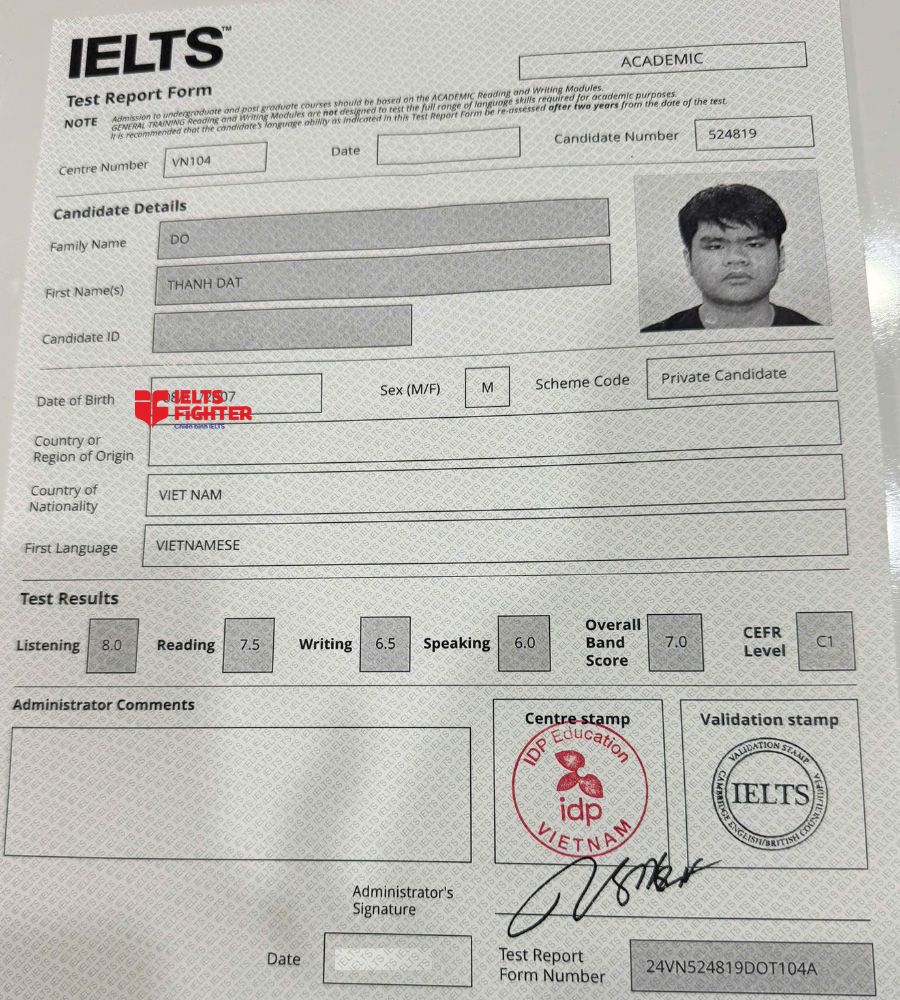 Chứng chỉ Đỗ Th&agrave;nh Đạt  7.0 IELTS