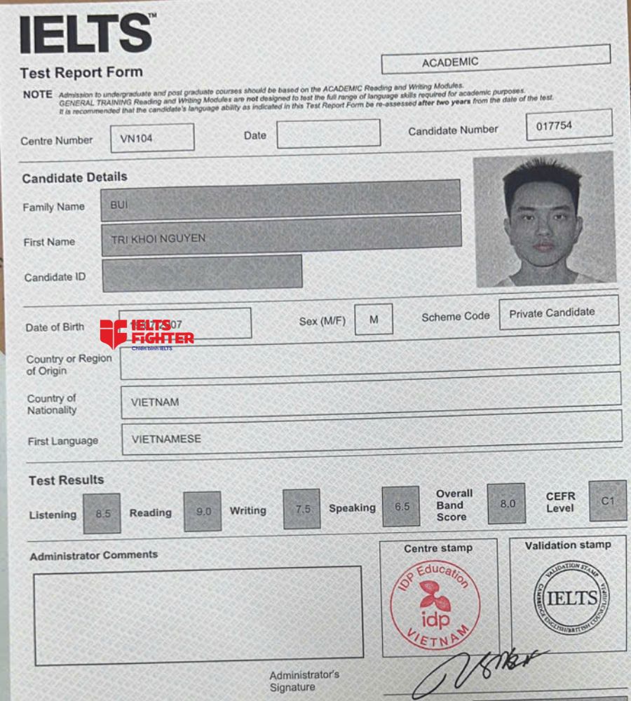 Chứng chỉ Bùi Trí Khôi Nguyên 8.0 IELTS