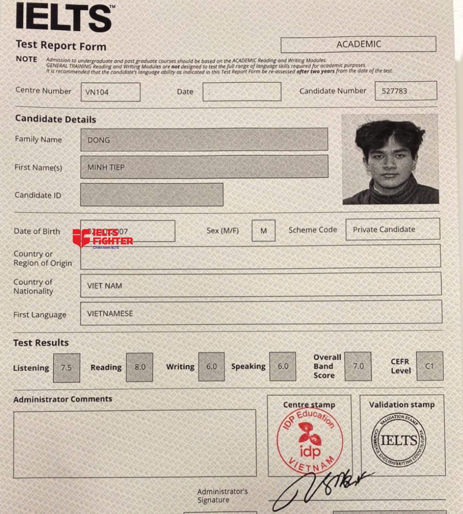 Chứng chỉ Trần Ph&uacute; Th&agrave;nh7.0 IELTS 