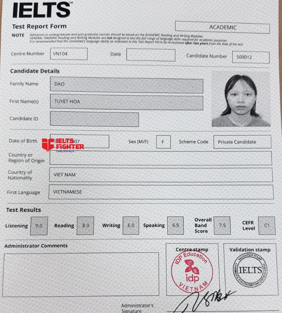 Chứng chỉ Đ&agrave;o Tuyết Hoa 7.0 IELTS