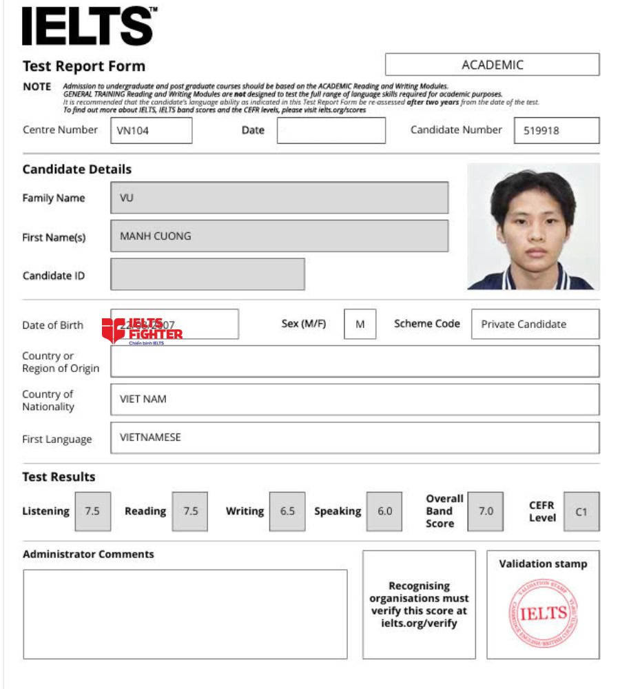 Chứng chỉ Vũ Mạnh Cường 7.0 IELTS