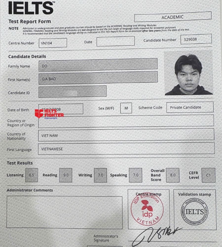 Chứng chỉ Đỗ Gia Bảo  8.0 IELTS