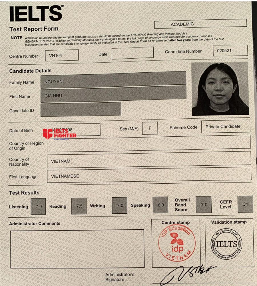 Chứng chỉ Nguyễn Gia Như  7.0 IELTS