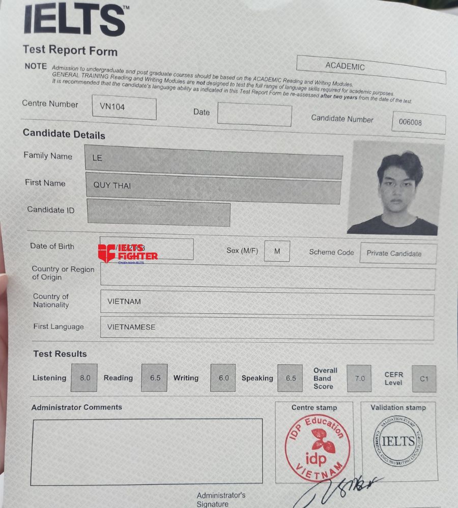 Học vi&ecirc;n IELTS Fighter xu&acirc;n la - bảng điểm qu&yacute; th&aacute;i 7.0 IELTS