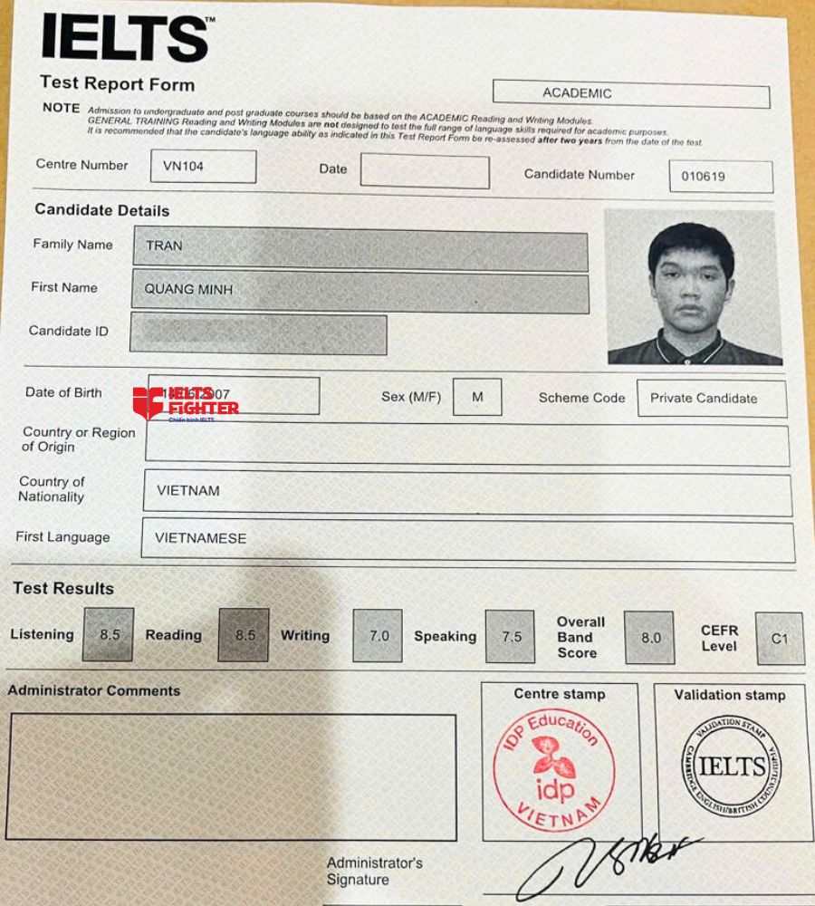 Chứng chỉ Trần Quang Minh 8.0 IELTS