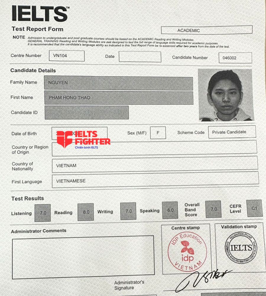 bảng điểm nguyễn hồng thảo 7.0 IELTS