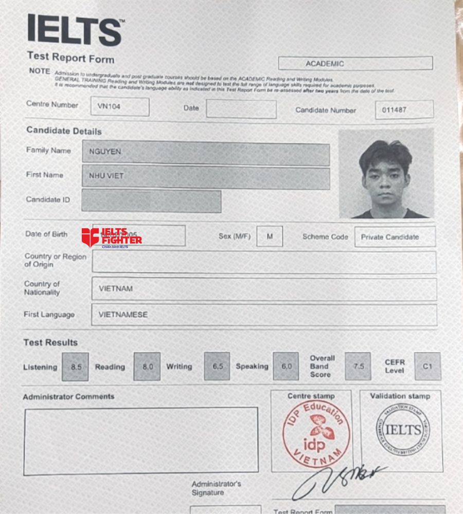 bảng điểm Như việt 7.5 IELTS