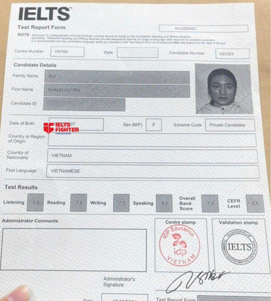 Chứng chỉ Bùi Khánh Huyền 7.0 IELTS