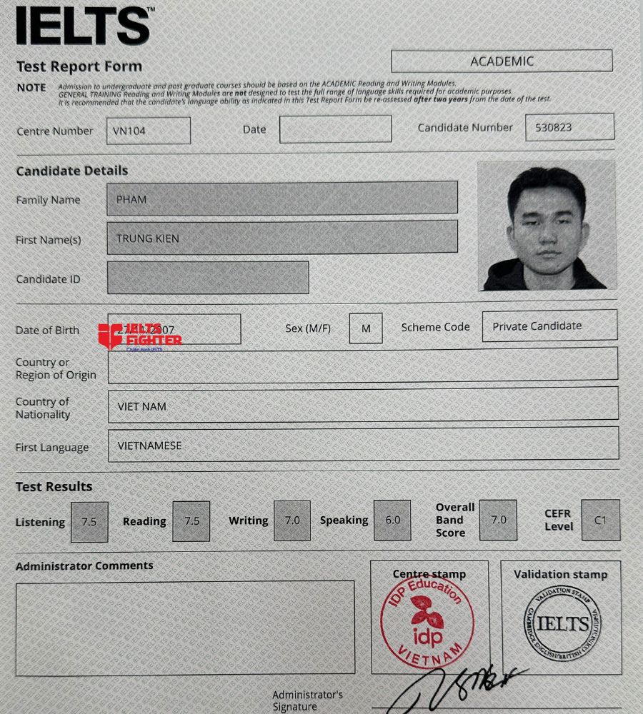 Chứng chỉ Phạm Trung Ki&ecirc;n  7.0 IELTS