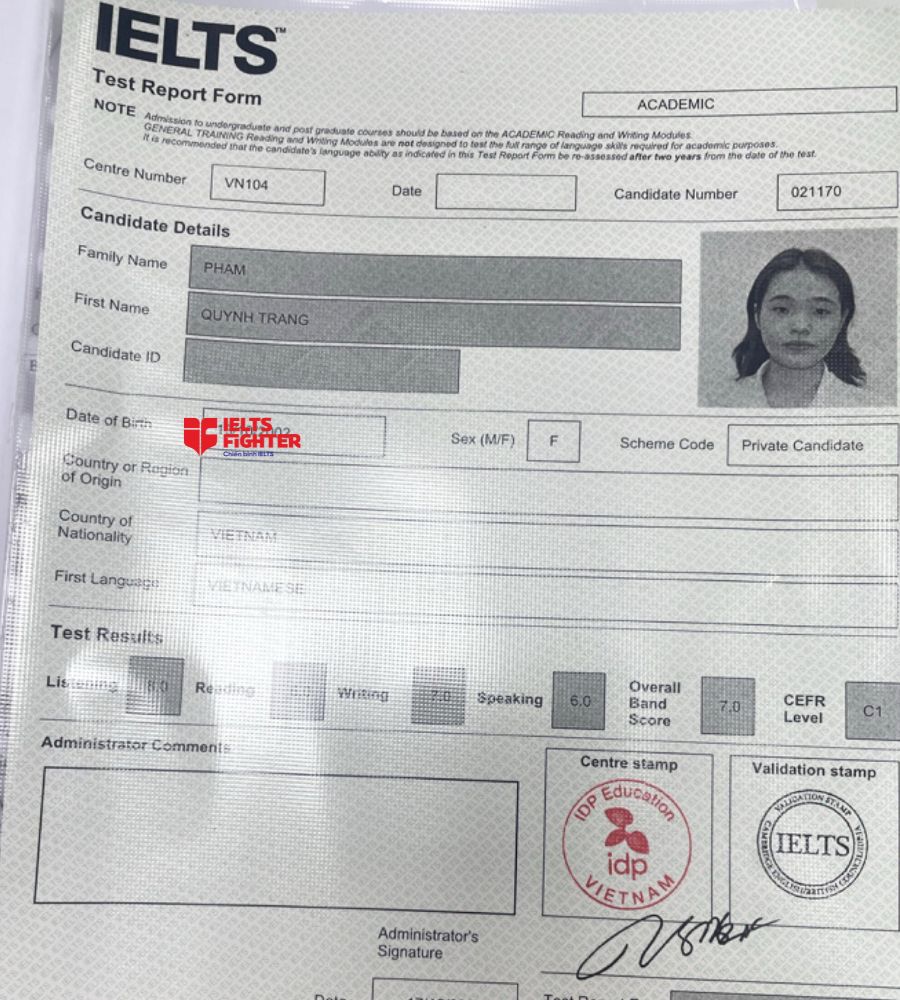 Chứng chỉ Phạm Quỳnh Trang 7.0 IELTS