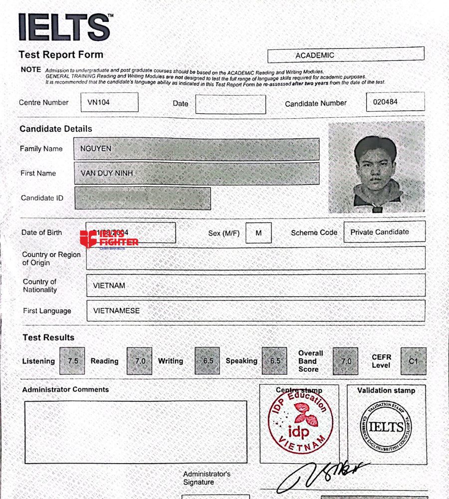 duy ninh 7.0 IELTS ielts fighter 737 quang trung
