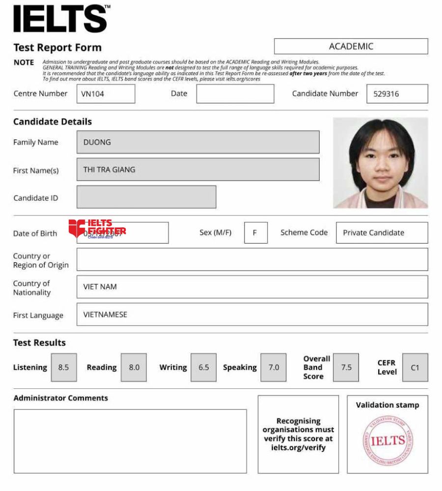 Chứng chỉ Dương Thị Tr&agrave; Giang 7.0 IELTS
