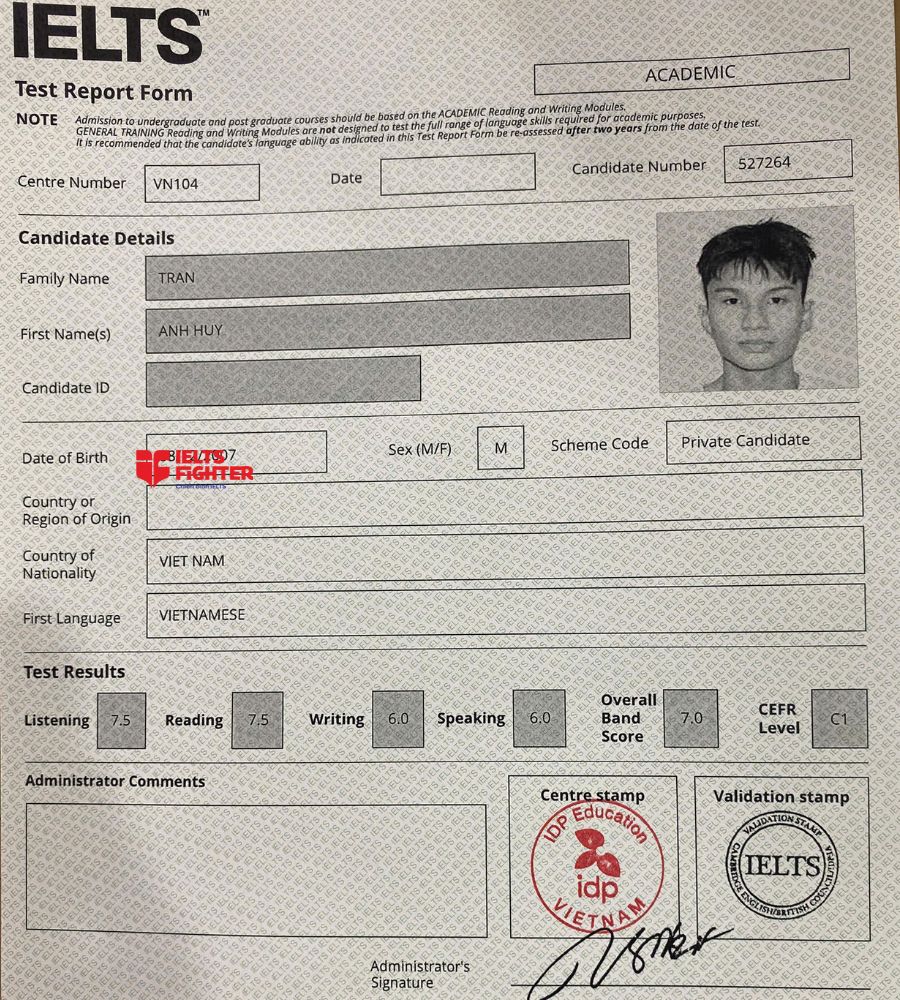 Chứng chỉ Trần Anh Huy  7.0 IELTS