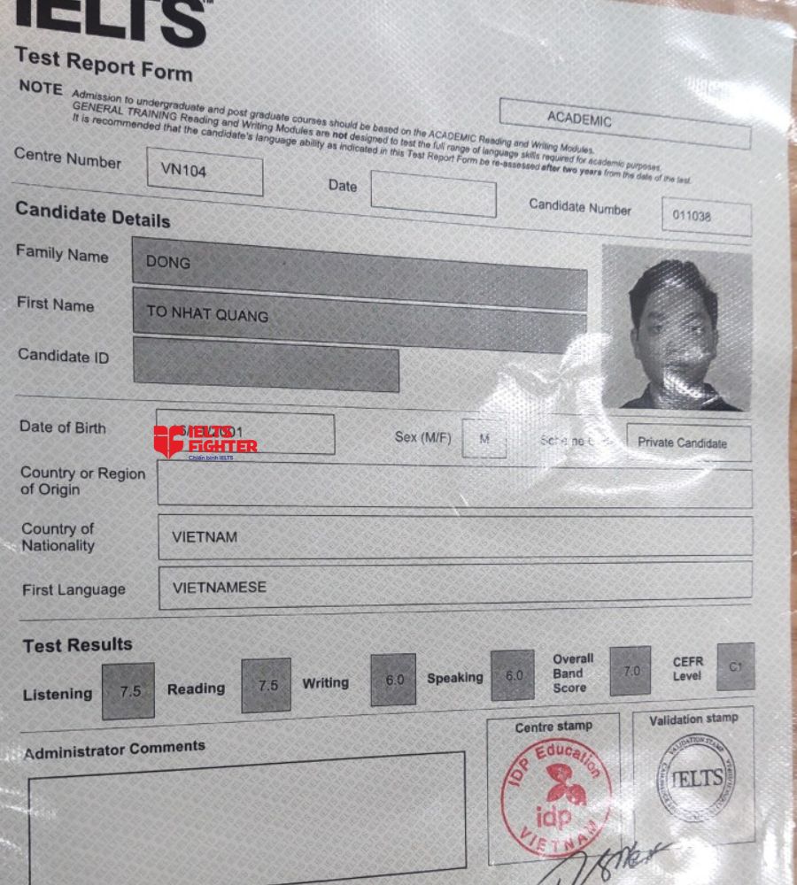 Học vi&ecirc;n IELTS Fighter xu&acirc;n la - bảng điểm nhật quang 7.0 IELTS