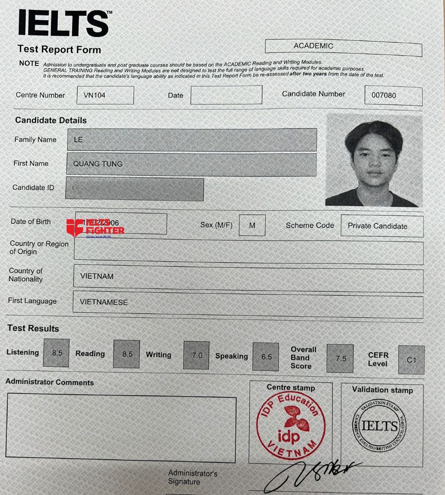 Học vi&ecirc;n IELTS Fighter xu&acirc;n la - bảng điểm thanh t&ugrave;ng 7.5 IELTS
