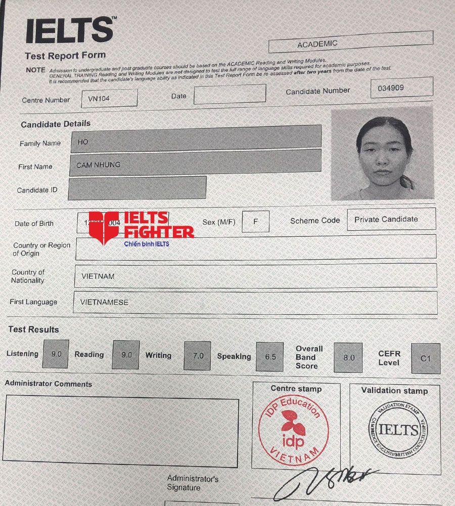 bảng điểm Cẩm nhung 8.0 IELTS