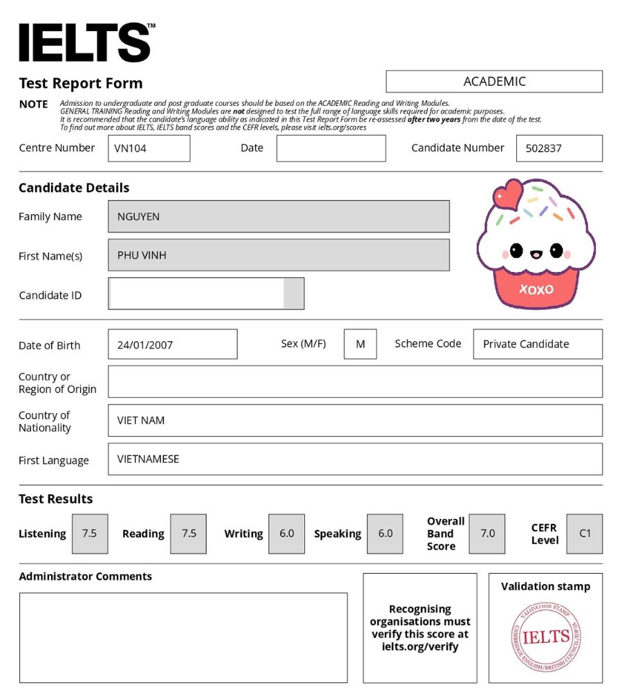 Chứng chỉ Nguyễn Phú Vinh 7.0 IELTS