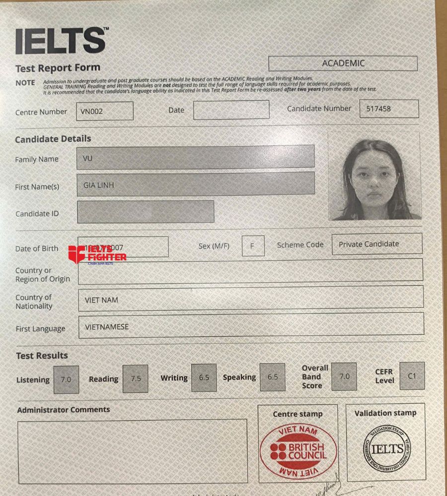 Chứng chỉ Vũ Gia Linh 7.0 IELTS