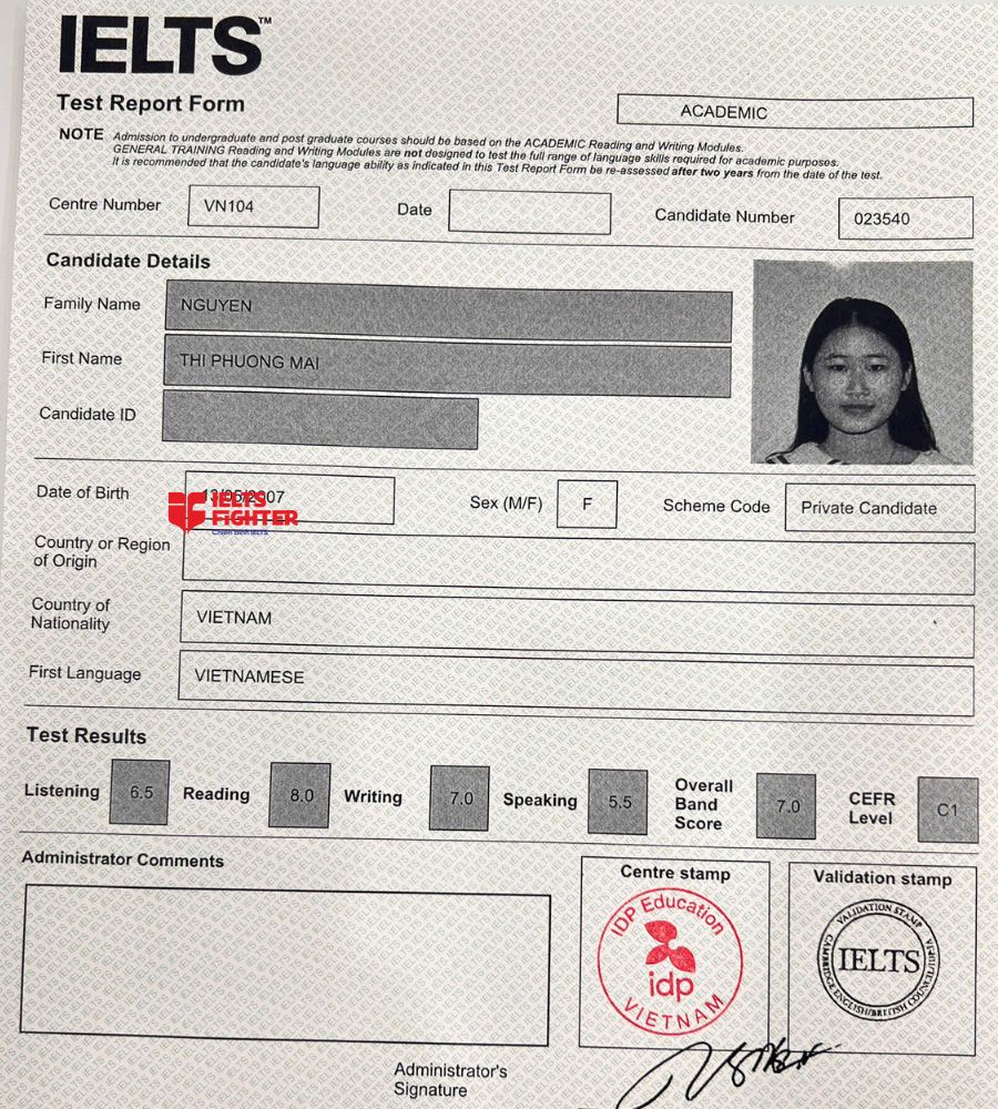 Chứng chỉ Nguyễn Thị Phương Mai 7.0 IELTS