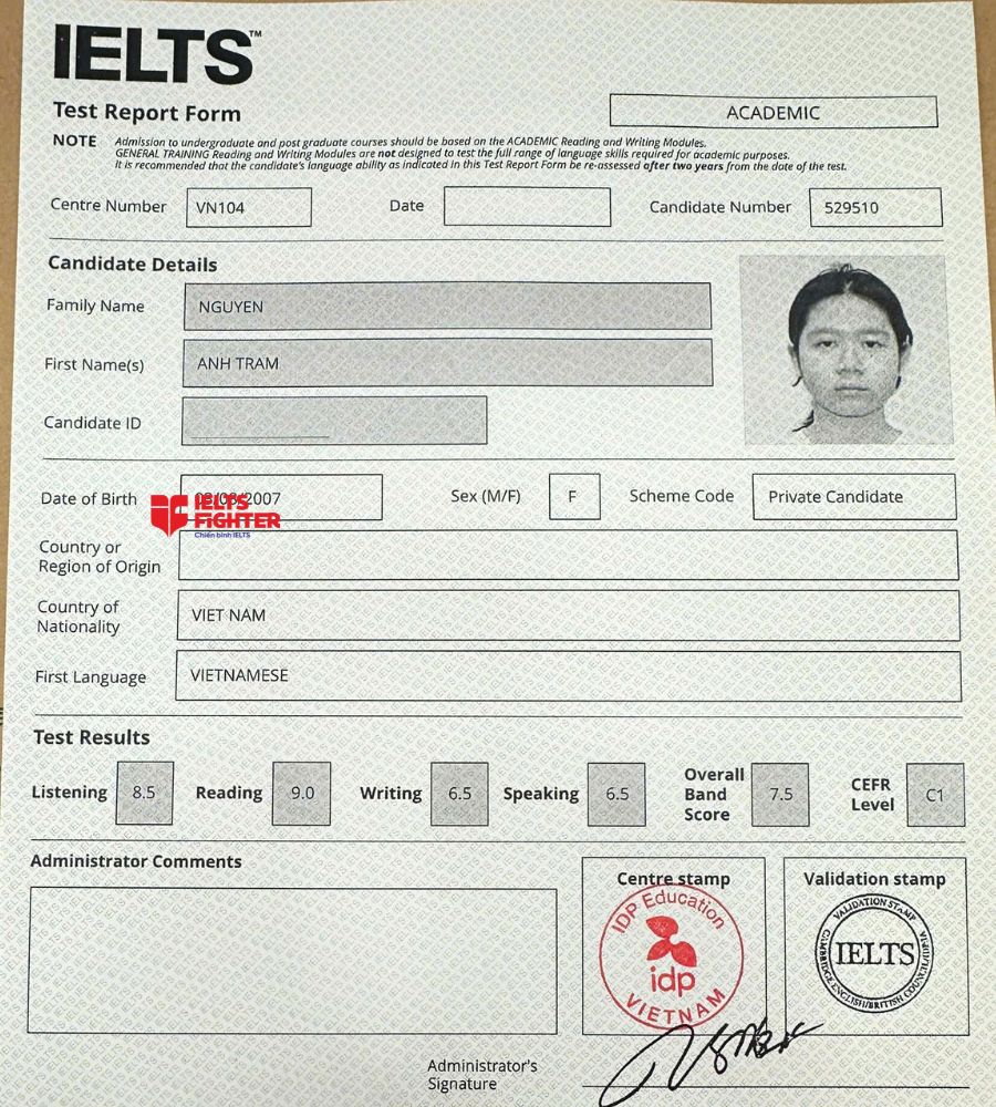 Chứng chỉ Nguyễn Anh Tr&acirc;m 7.0 IELTS