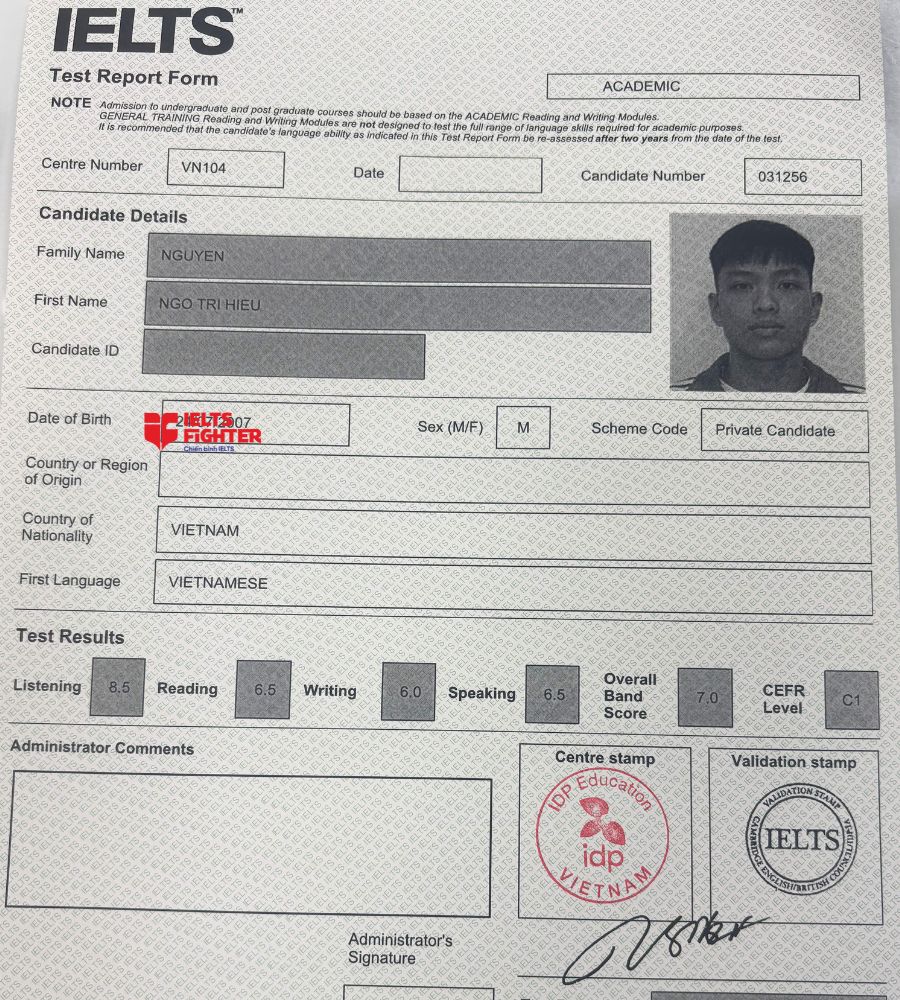Chứng chỉ Nguyễn Ng&ocirc; Tr&iacute; Hiếu 7.0 IELTS