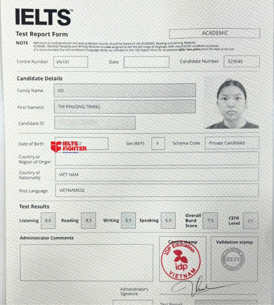 Chứng chỉ V&otilde; Thị Phương Trang 7.5  IELTS