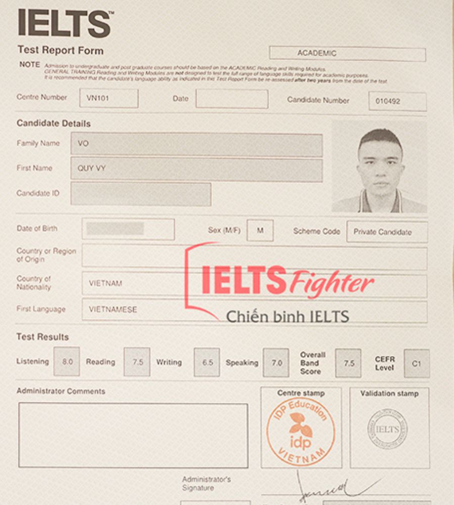Chứng chỉ V&otilde; Qu&yacute; Vỵ 7.5 IELTS