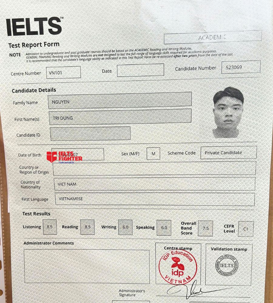 Chứng chỉ Nguyễn Tr&iacute; Dũng  7.5 IELTS