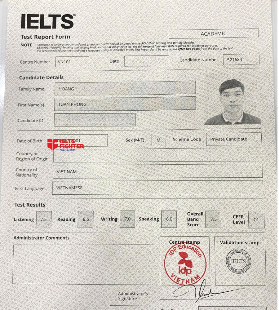Chứng chỉ Ho&agrave;ng Tuấn Phong 7.0 IELTS