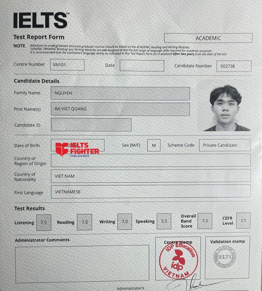 bảng điểm Nguyễn B&aacute; Việt Quang 7.0 IELTS
