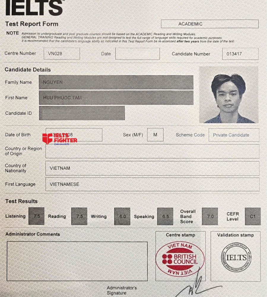 Chứng chỉ Nguyễn Hữu Phước T&acirc;m  7.0 IELTS