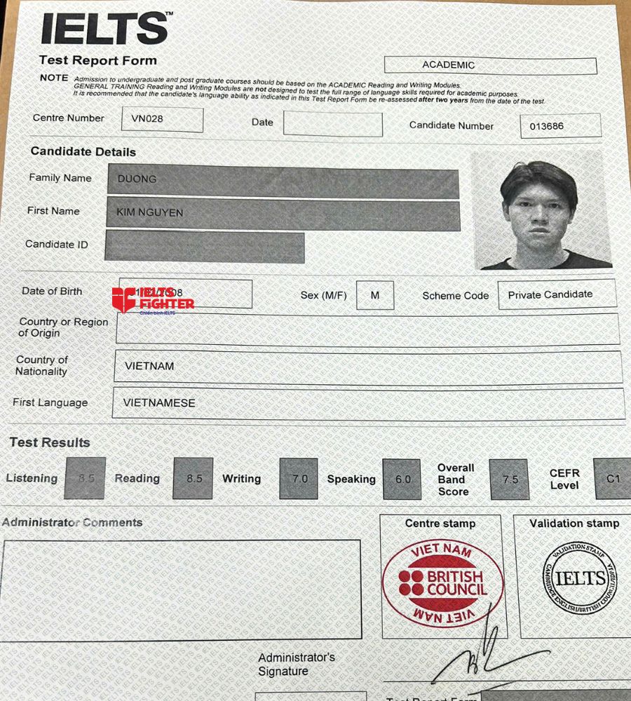 Chứng chỉ Dương Kim Nguyên 7.5 IELTS