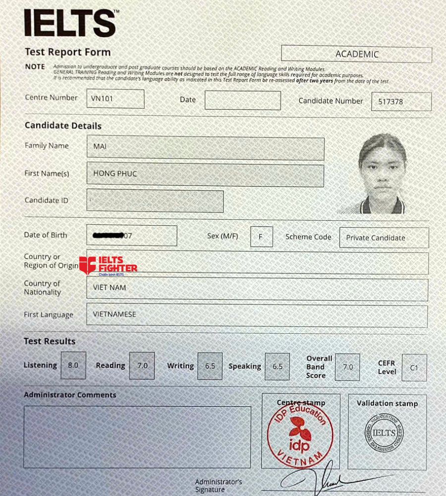 Chứng chỉ Mai Hồng Phúc 7.0 IELTS