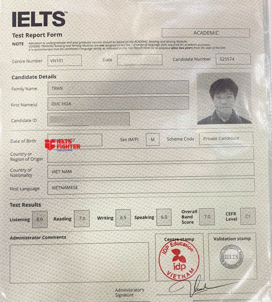 Chứng chỉ Trần Đức H&ograve;a 7.0 IELTS