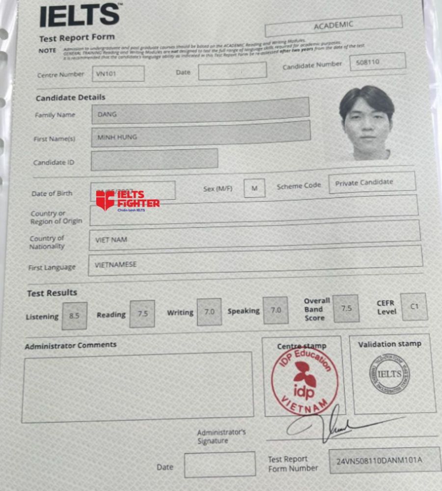 Chứng chỉ Đặng Minh H&ugrave;ng 7.5 IELTS