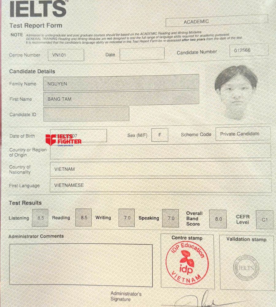 Chứng chỉ Nguyễn Băng T&acirc;m 8.0 IELTS