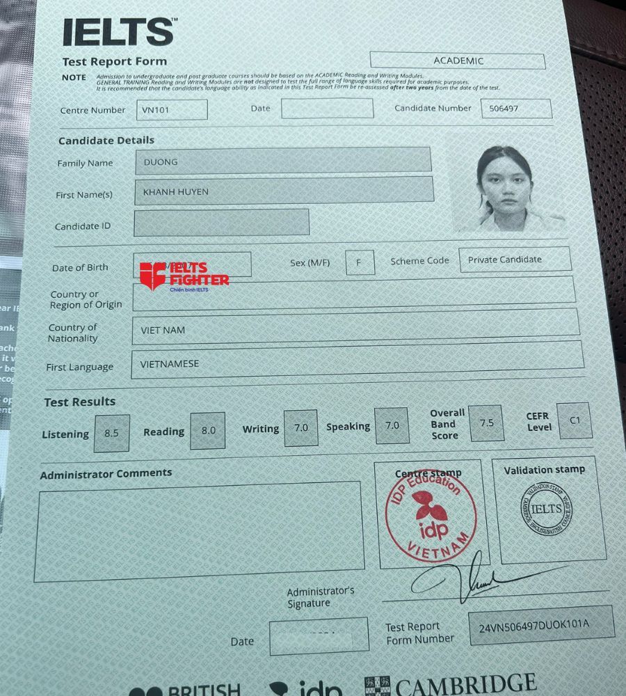 Chứng chỉ Dương Kh&aacute;nh Huyền 7.5 IELTS