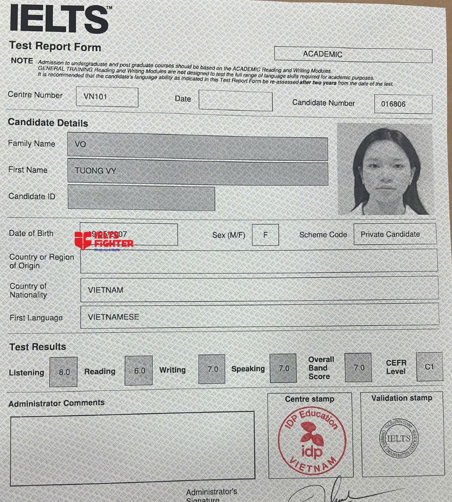 Chứng chỉ V&otilde; Tường Vy 7.0 IELTS