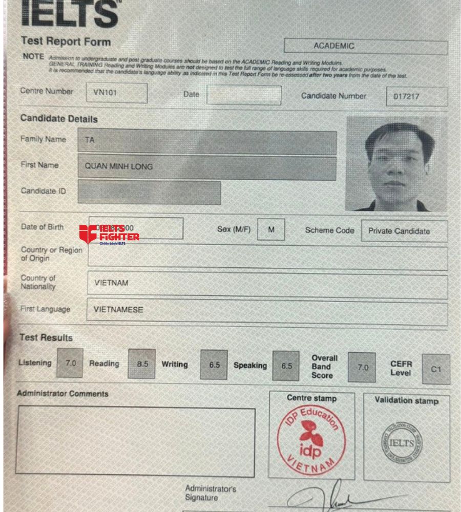 Chứng chỉ Tạ Quan Minh Long  7.0 IELTS