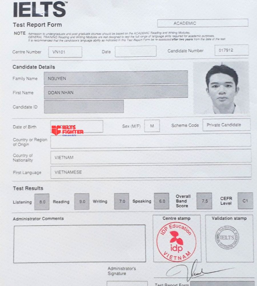 Chứng chỉ Nguyễn Doãn Nhân 7.0 IELTS