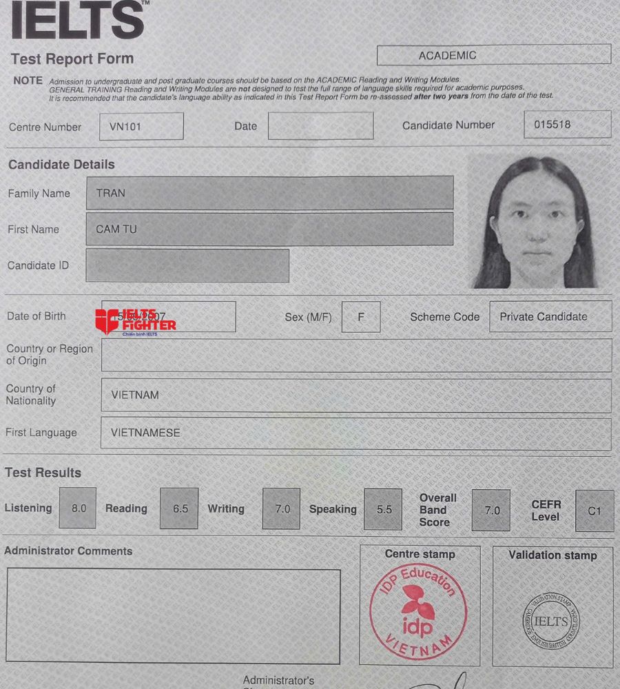 Chứng chỉ Trần Cẩm Tú 7.0 IELTS