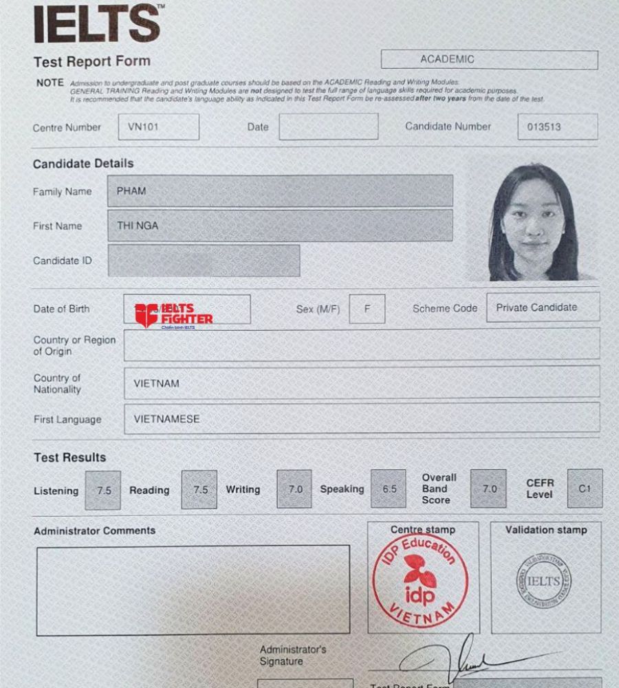 Chứng chỉ Phạm Thị Ng&agrave;  7.0 IELTS