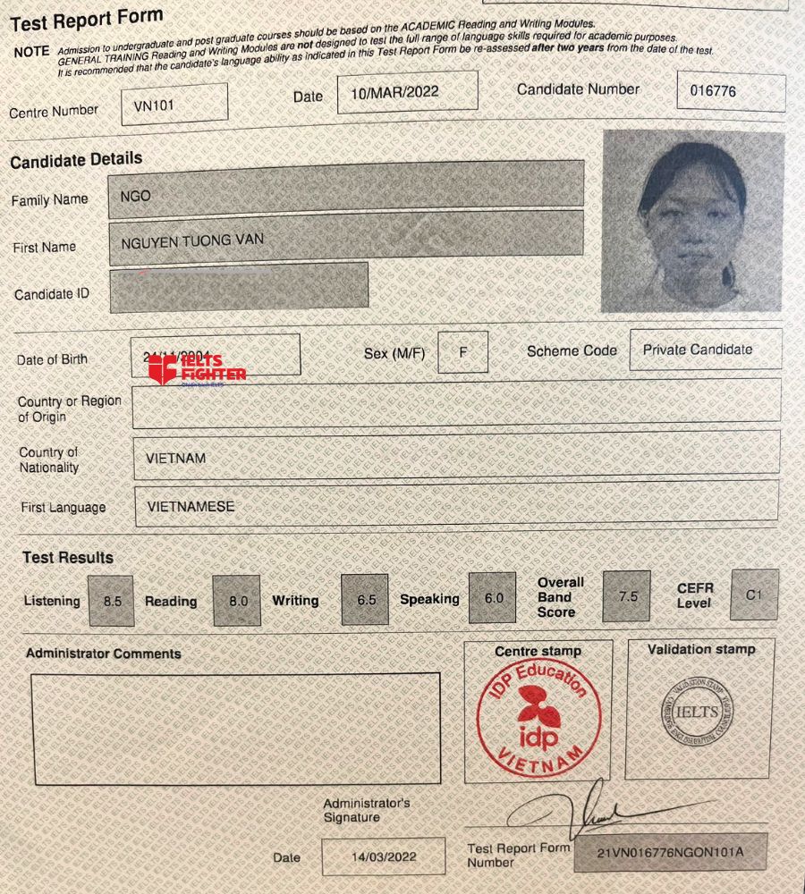 Chứng chỉ Ng&ocirc; Nguyễn Tường V&acirc;n 7.5 IELTS