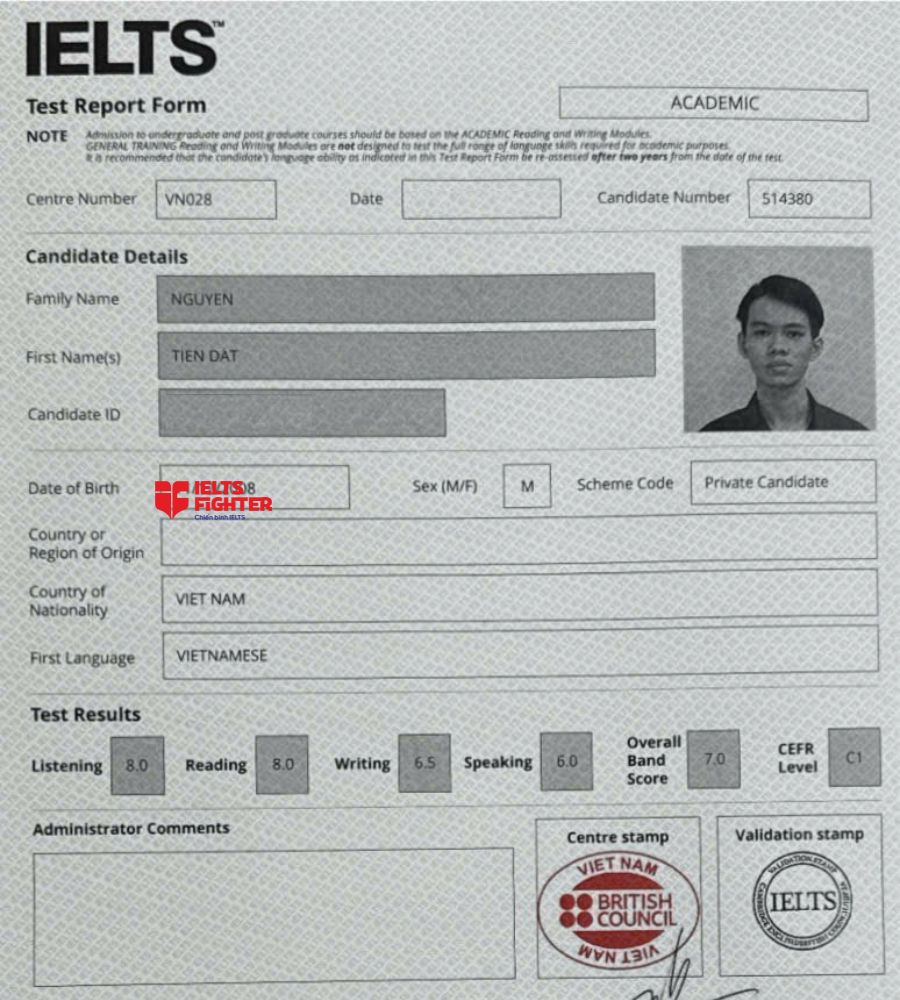 Chứng chỉ Nguyễn Tiến Đạt 7.0 IELTS